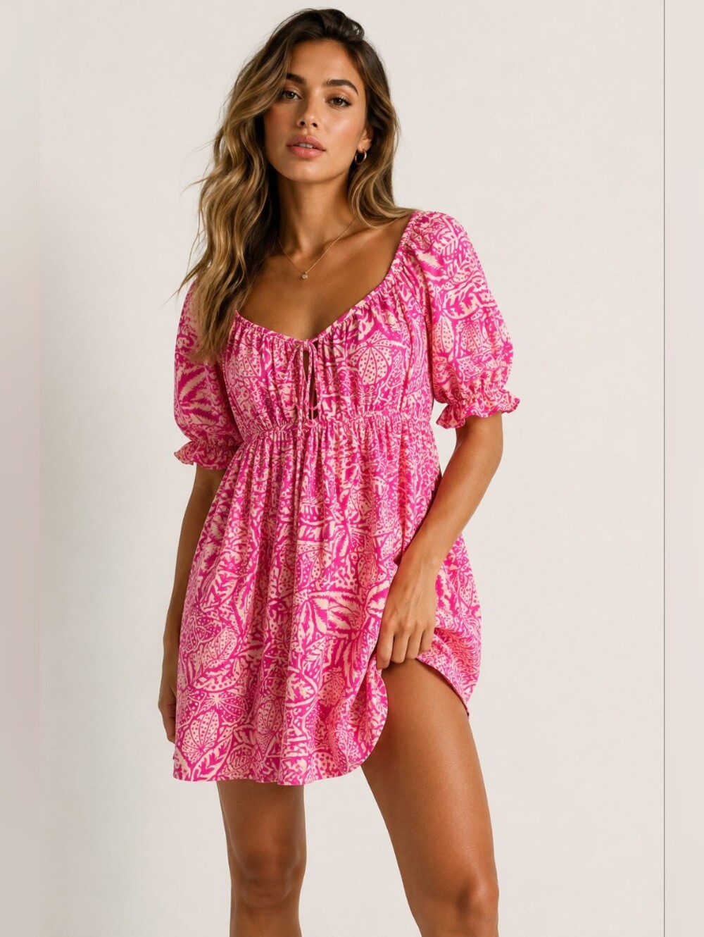 Sienna Sky Pink Tropical Print Puff Sleeve Babydoll Mini Dress Size Small